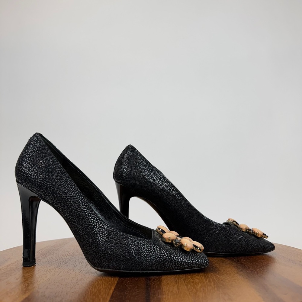 Womens Louis Vuitton Vintage Deco Black Leather Pumps Heels Shoes Size 39 US 9 - Picture 1 of 10